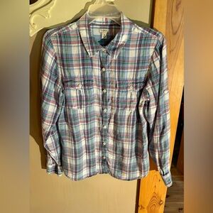 ⭐️L.L. Bean 100% Linen Plaid Button Up Shirt Roll-tab Sleeve Size Med⭐️